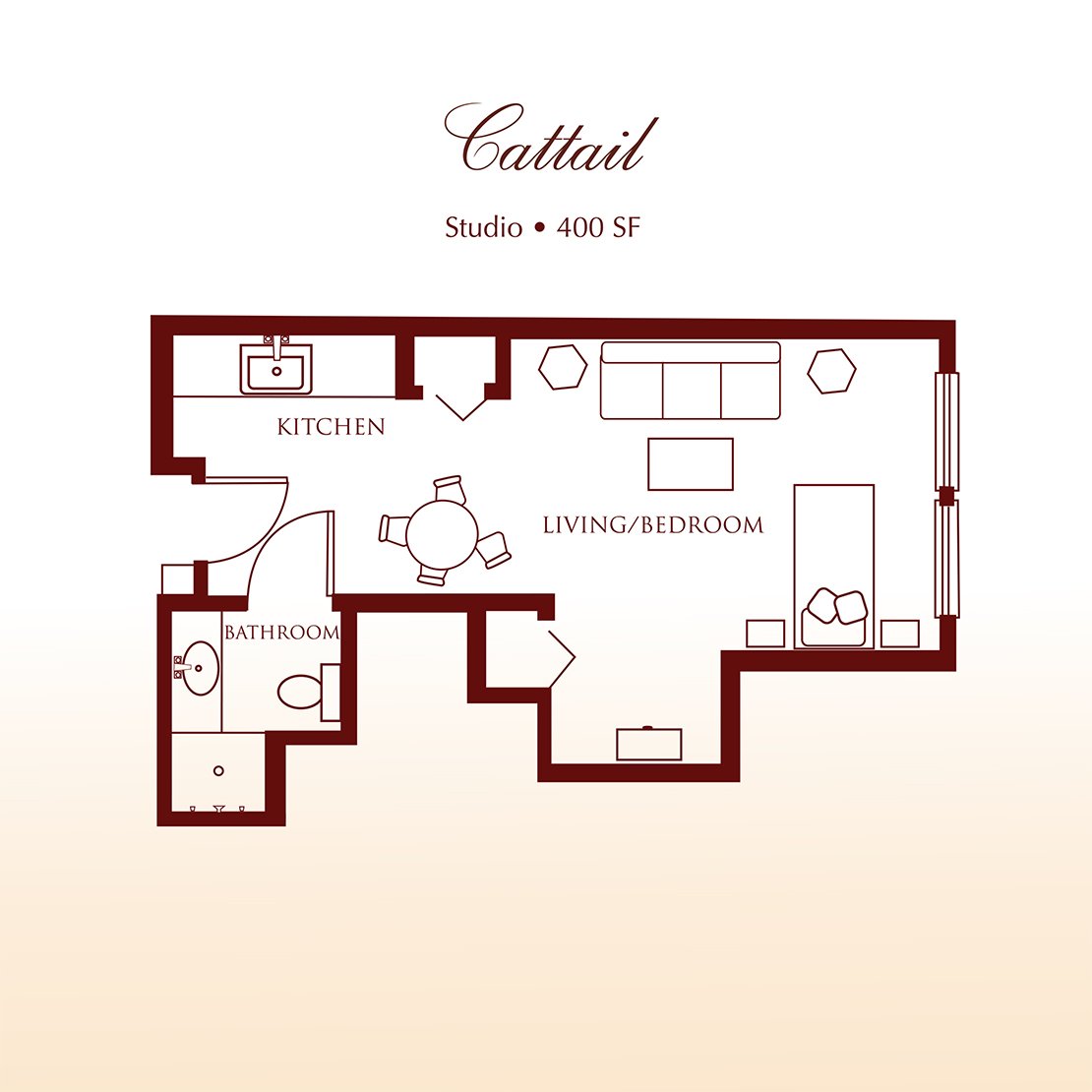 Floor plan - The Cattail Studio Apartment at DeTray's Colonial Inn