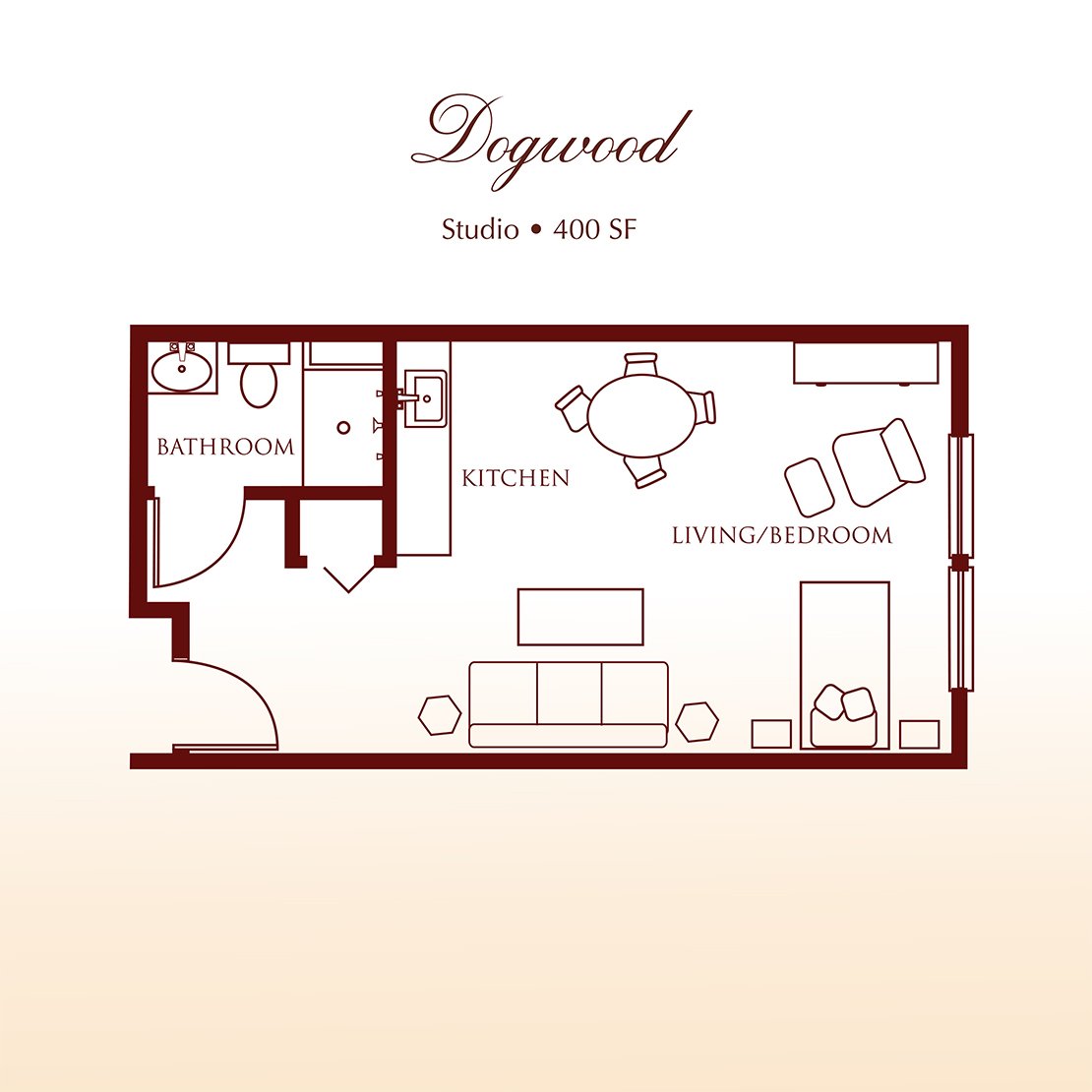Floor plan - The Dogwood Studio Apartment at DeTray's Colonial Inn
