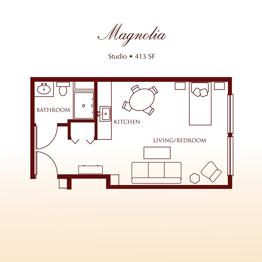 Floor plan - The Magnolia Studio Apartment at DeTray's Colonial Inn